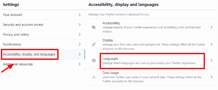 accessibility, display and language settings on twitter