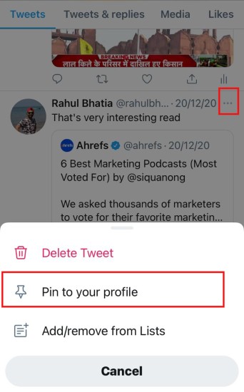 Pin Someone else Tweet on to your twitter Profile