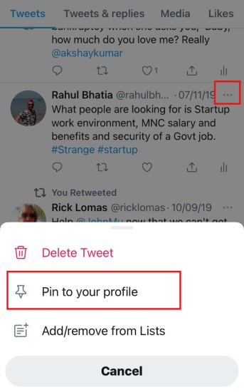 pin a tweet to your profile on android and iphone mobile app