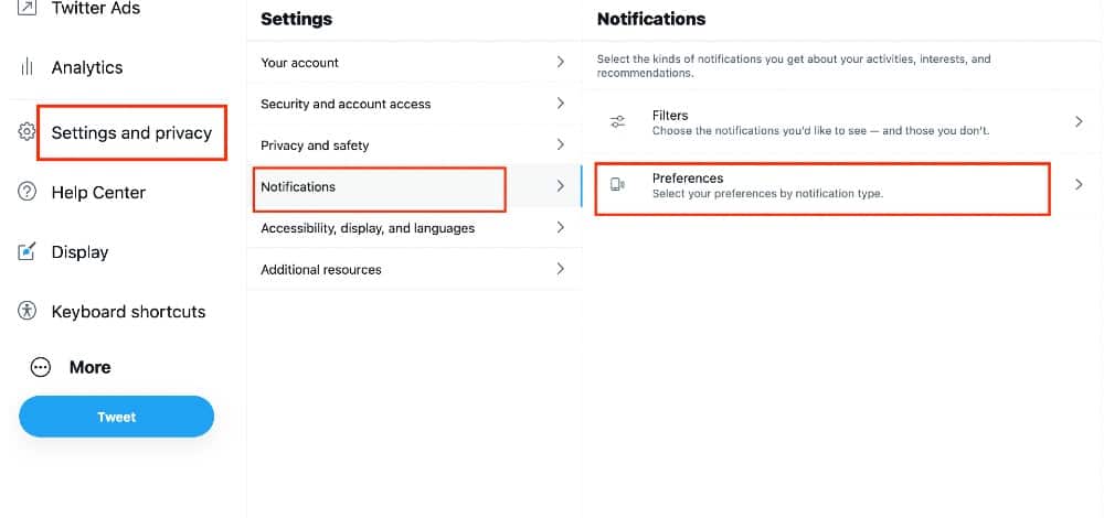 twitter settings and privacy to notifications to preferences